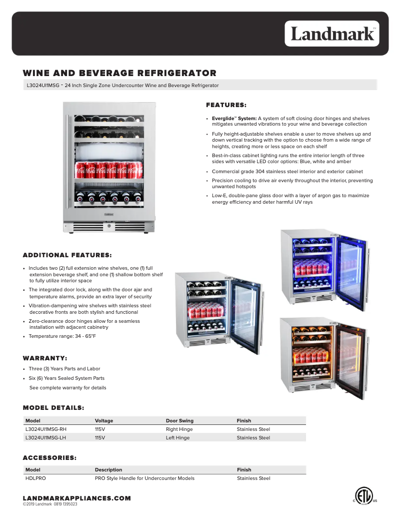 Page 1 de la notice Fiche technique Landmark L3024UI1MPR-LH