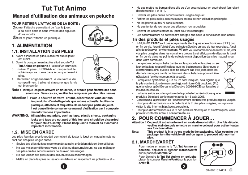 Page 1 de la notice Manuel utilisateur Vtech Animaux en peluche