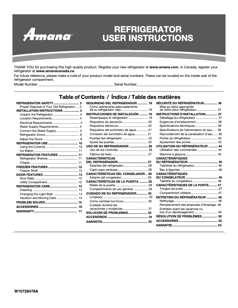 Page n°1 - Manuel utilisateur Amana ART318FFDW