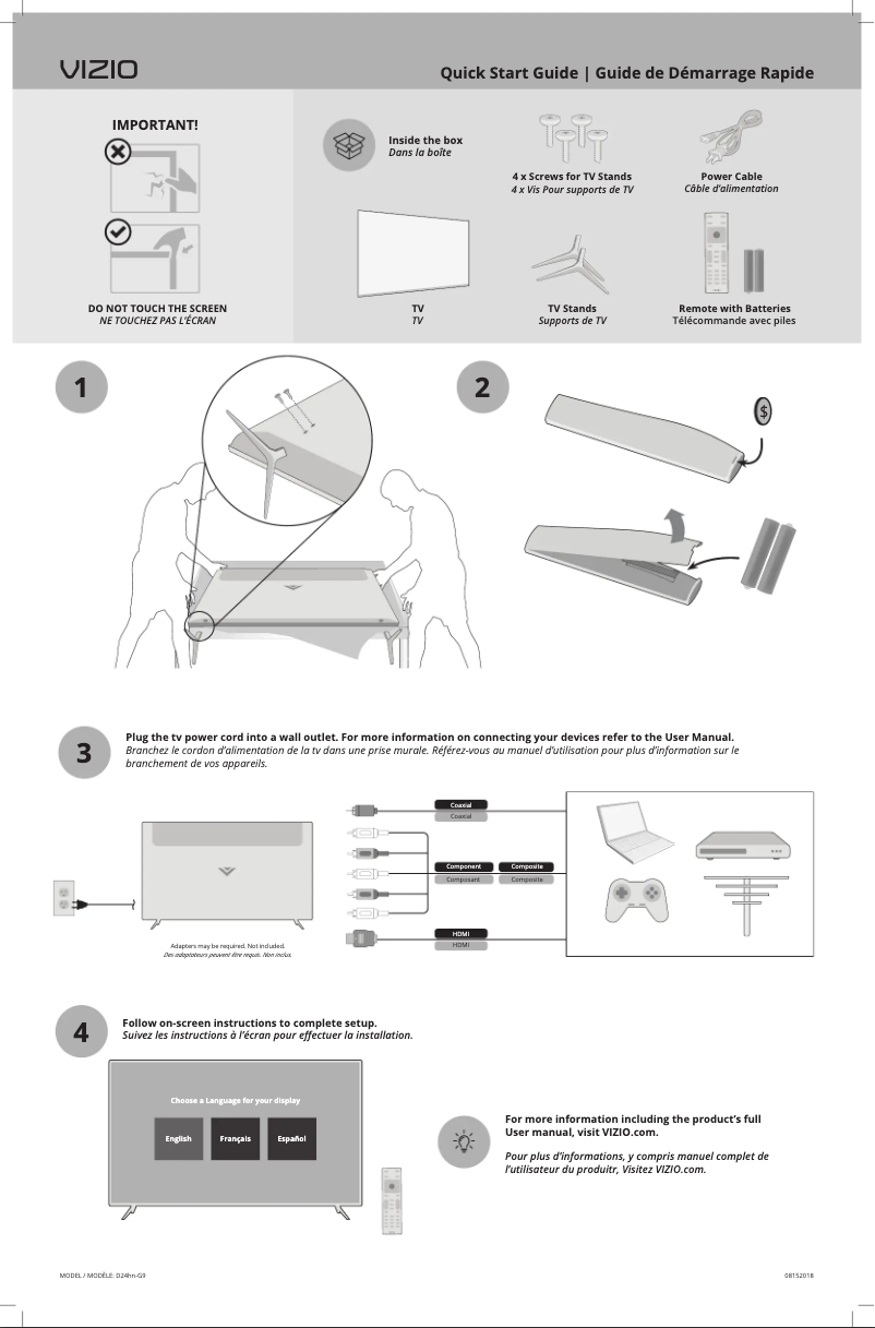 Page 1 de la notice Guide de démarrage rapide VIZIO D24HN-G9