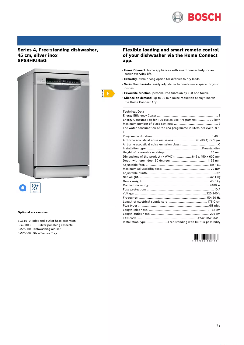 Página 1 del manual Ficha técnica Bosch SPS4HKI45G