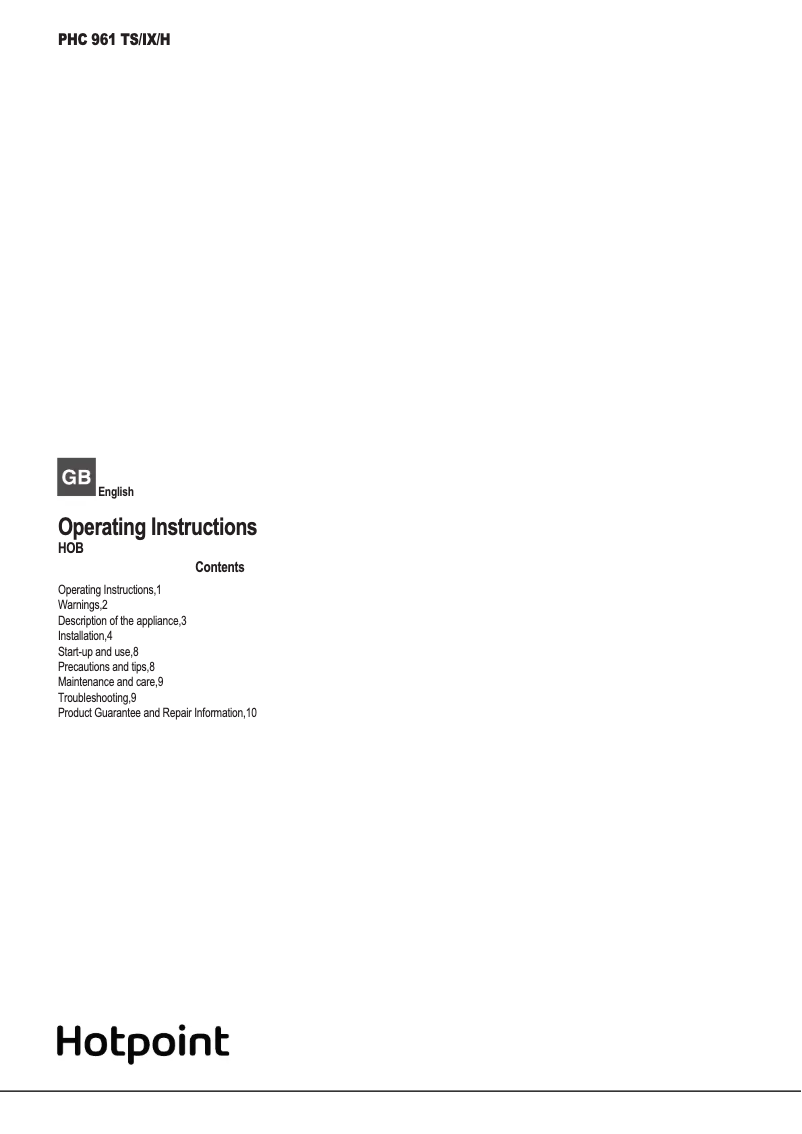 Página 1 del manual Manual de instrucciones Hotpoint PHC 961 TS/IX/H