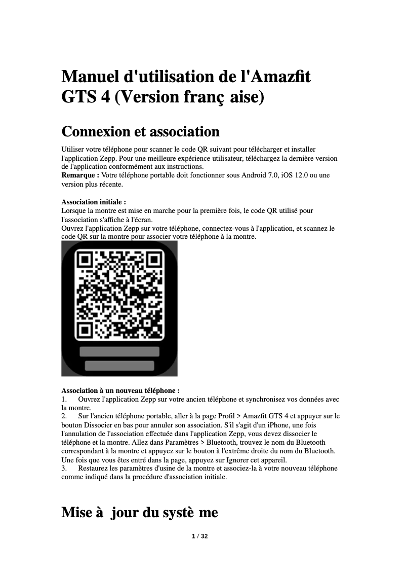 Page 1 de la notice Guide de démarrage rapide Amazfit GTS 4