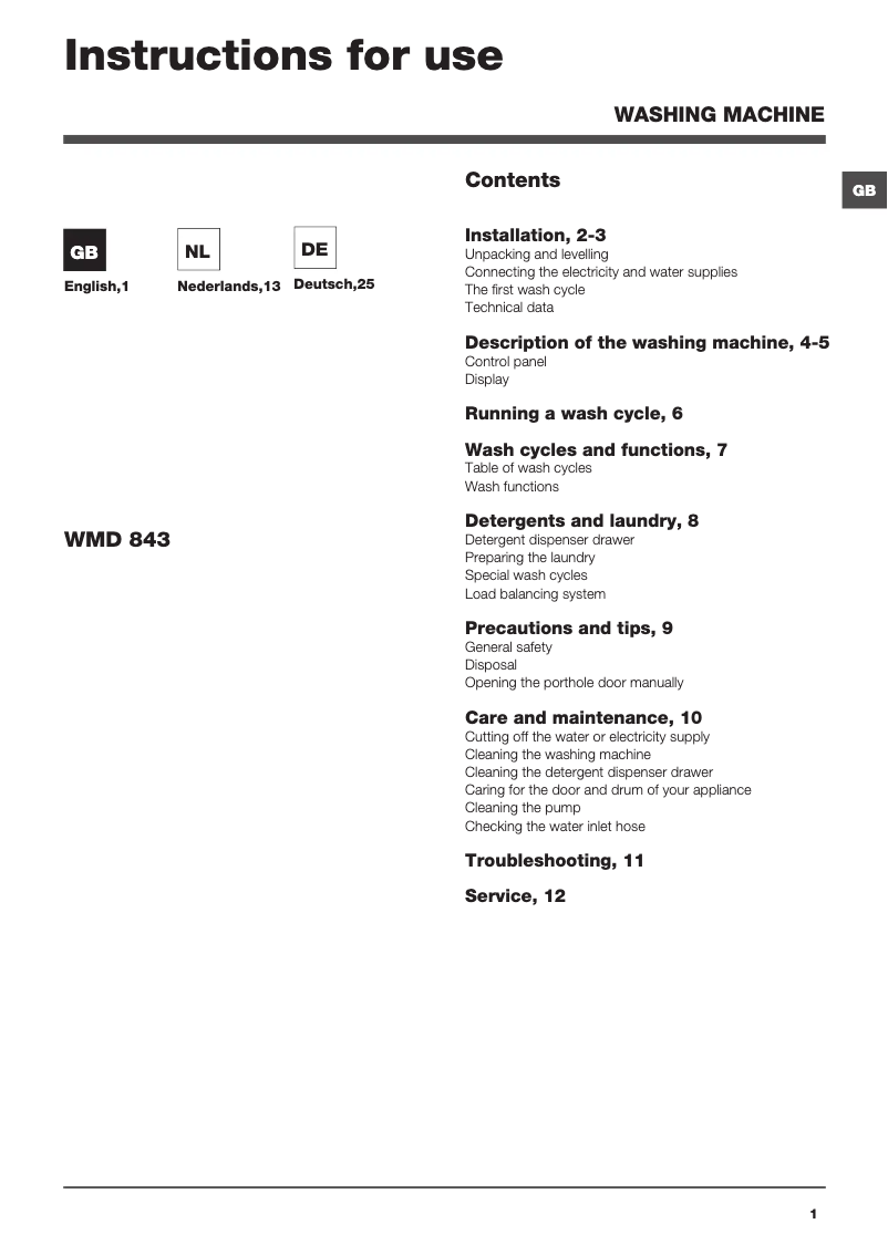 Page n°1 - Manuel utilisateur Hotpoint Ariston WMD 843B