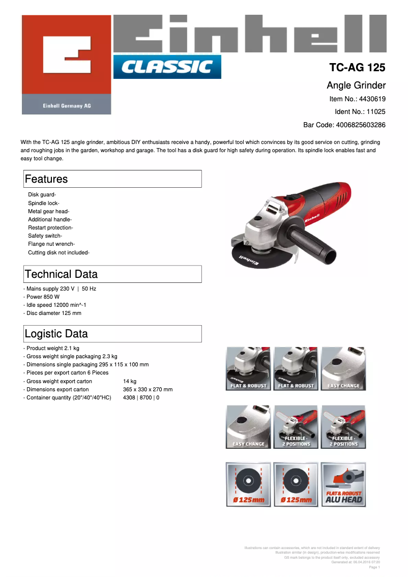 Página 1 del manual Ficha técnica Einhell TC-AG 125