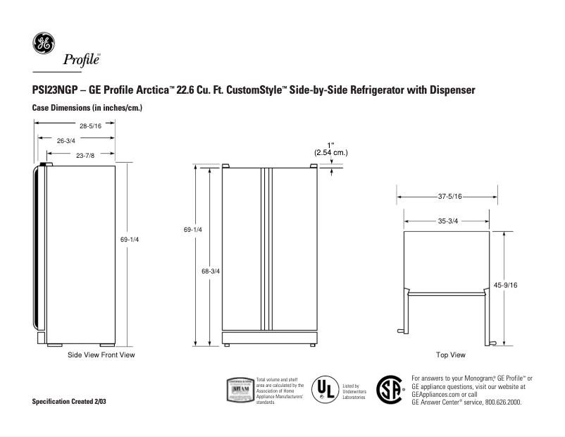 Page 1 de la notice Fiche technique GE Profile CustomStyle PSI23NGPWW