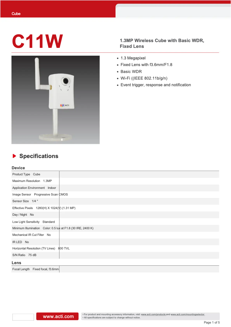 Page 1 de la notice Fiche technique ACTi C11W