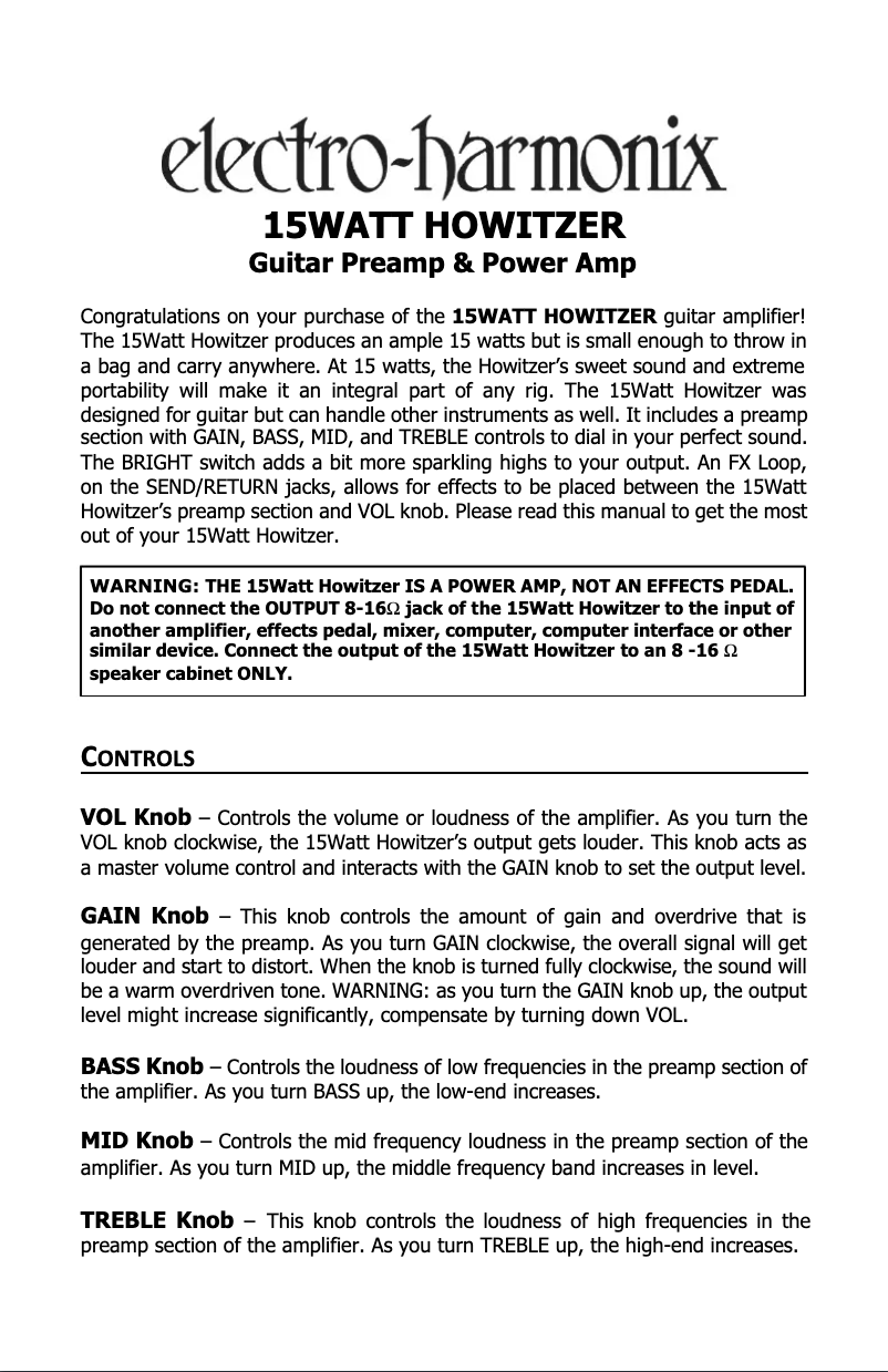 Page n°1 - Manuel utilisateur Electro Harmonix 15Watt