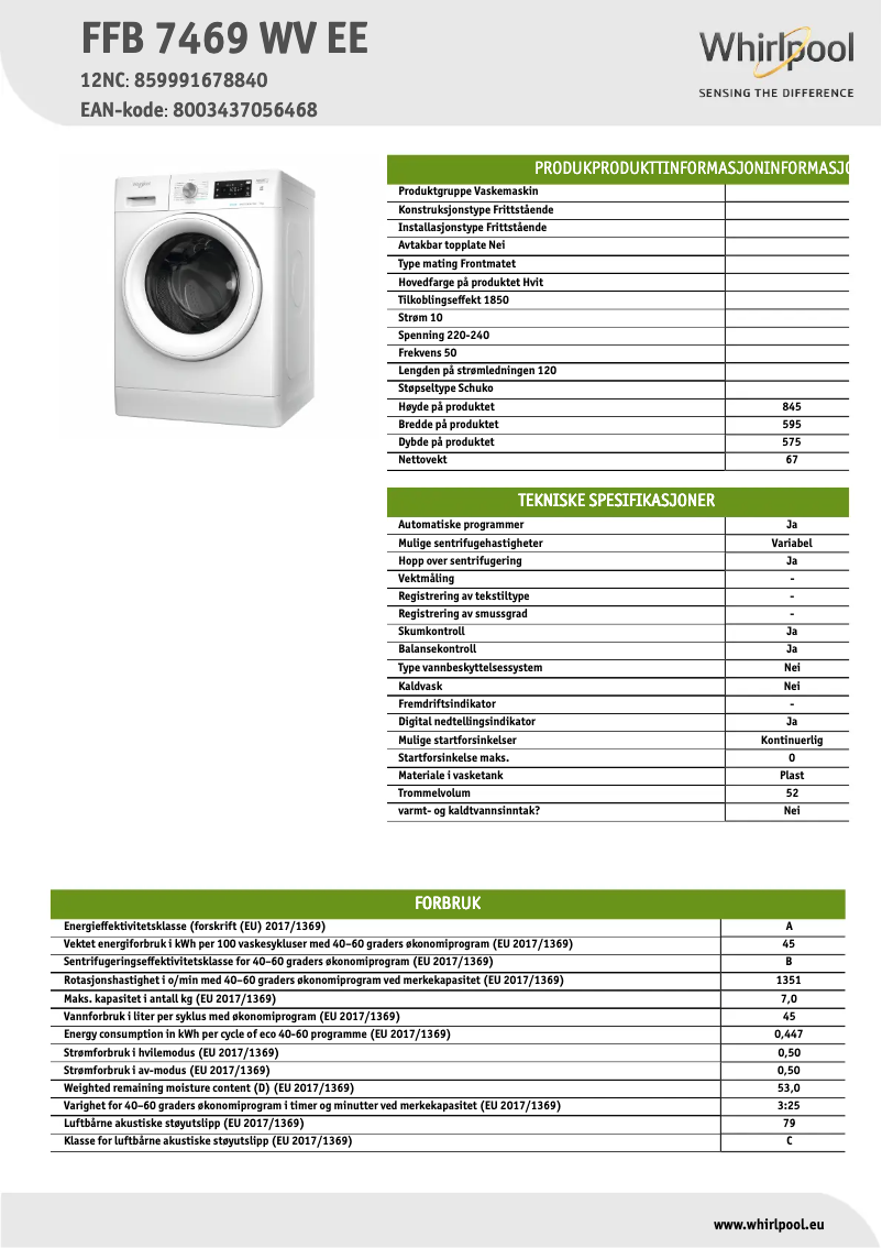 Página 1 del manual Ficha técnica Whirlpool FFB 7469 WV EE
