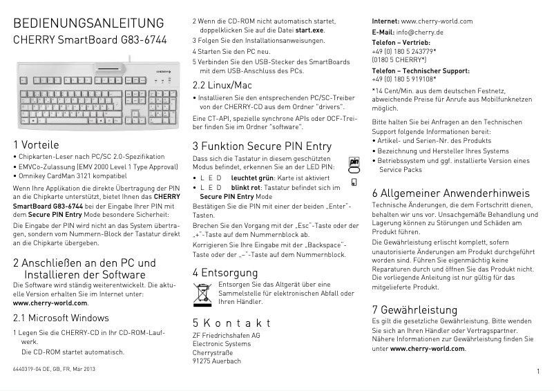 Page 1 de la notice Manuel utilisateur Cherry SmartBoard G83-6744