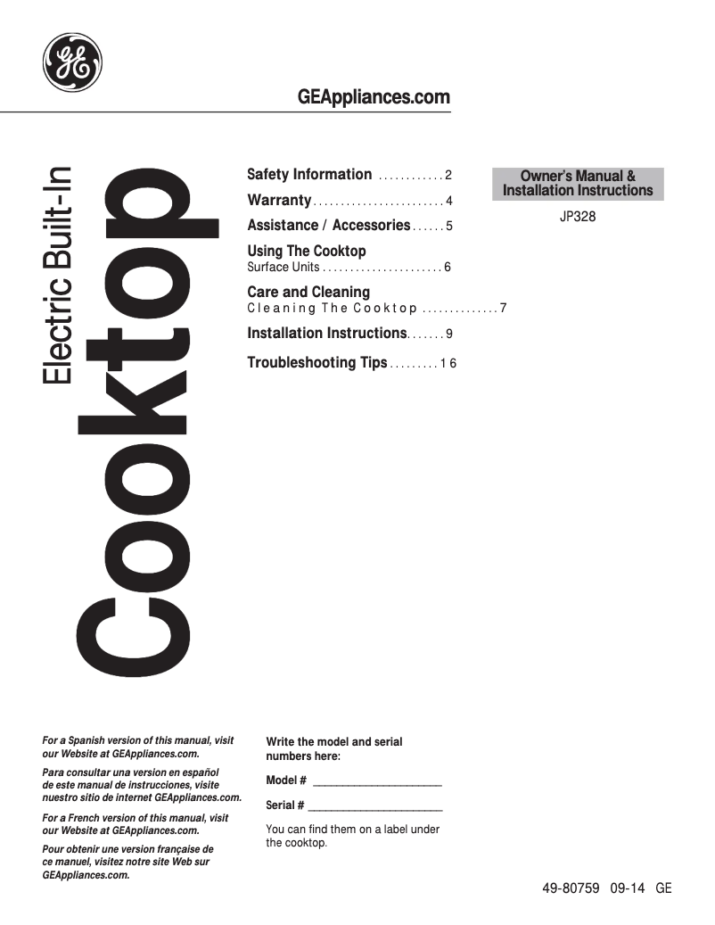 Page n°1 - Mode d'emploi GE JP328BKBB