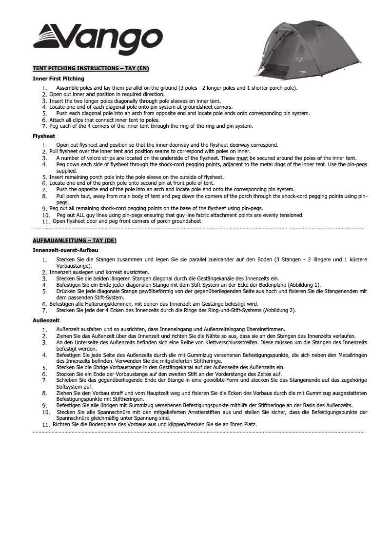 Page 1 de la notice Manuel utilisateur Vango Tay 300