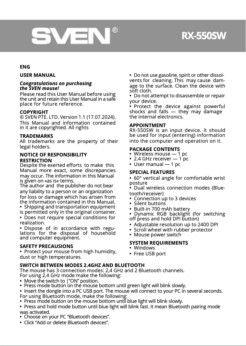 Image de la première page du manuel de l'appareil RX-550SW