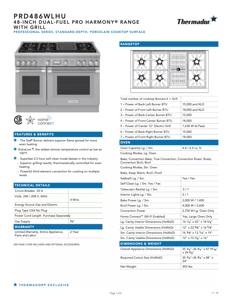 Page n°1 - Fiche technique Thermador Pro Harmony PRD486WLHU