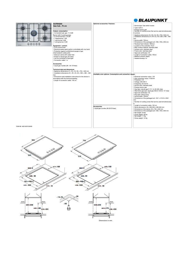 Página 1 del manual Ficha técnica Blaupunkt 5G7B3Q50