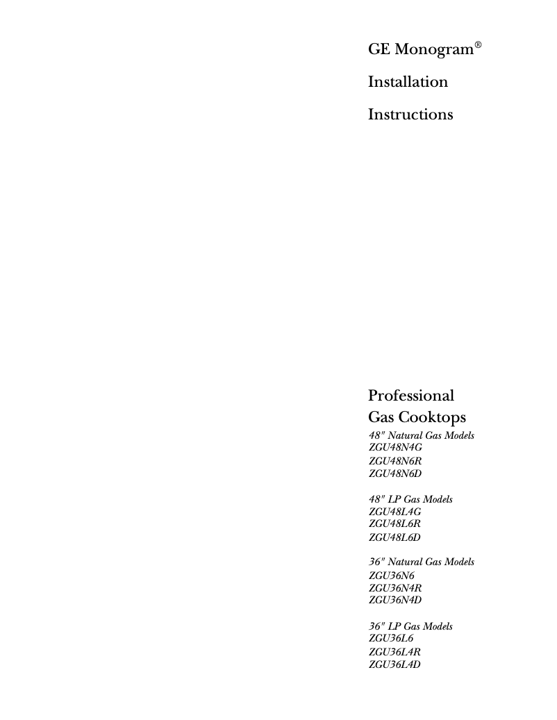 Page n°1 - Guide d'installation GE ZGU36L4RYSS