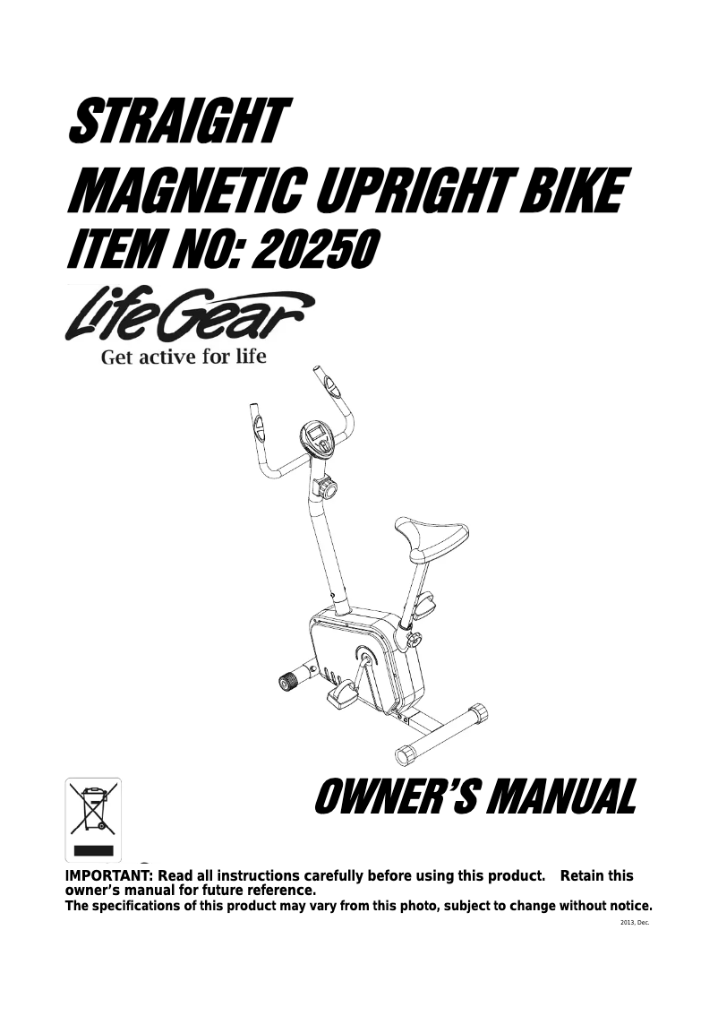 Page 1 de la notice Manuel utilisateur Life Gear Straight Magnetic Upright Bike 20250
