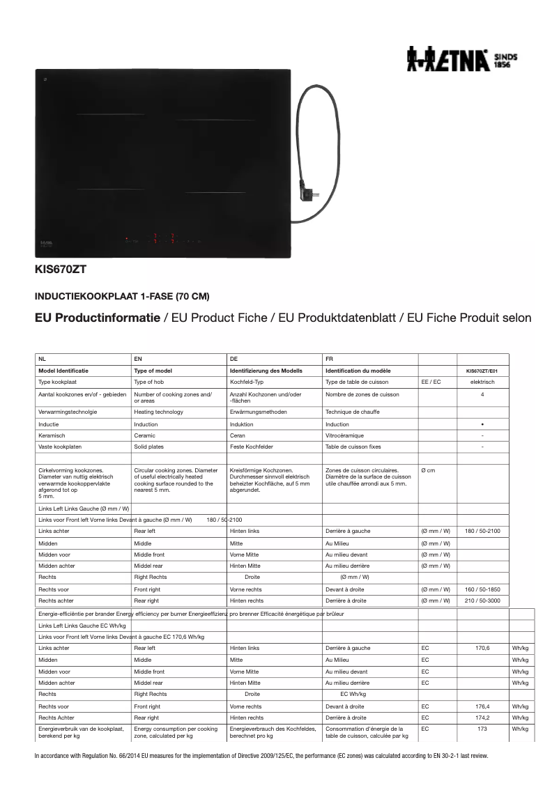 Page 1 de la notice Fiche technique Etna KIS670ZT