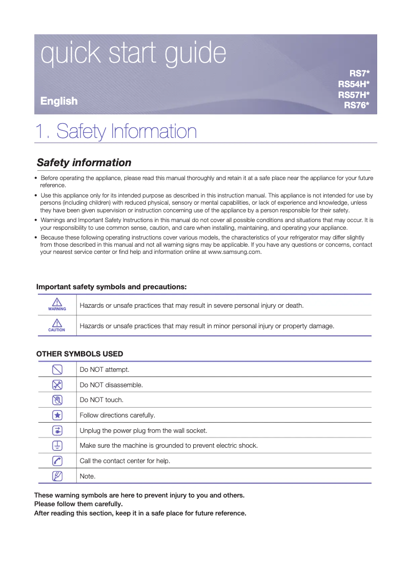 Page 1 de la notice Guide d'installation Samsung RS7778FHCSR