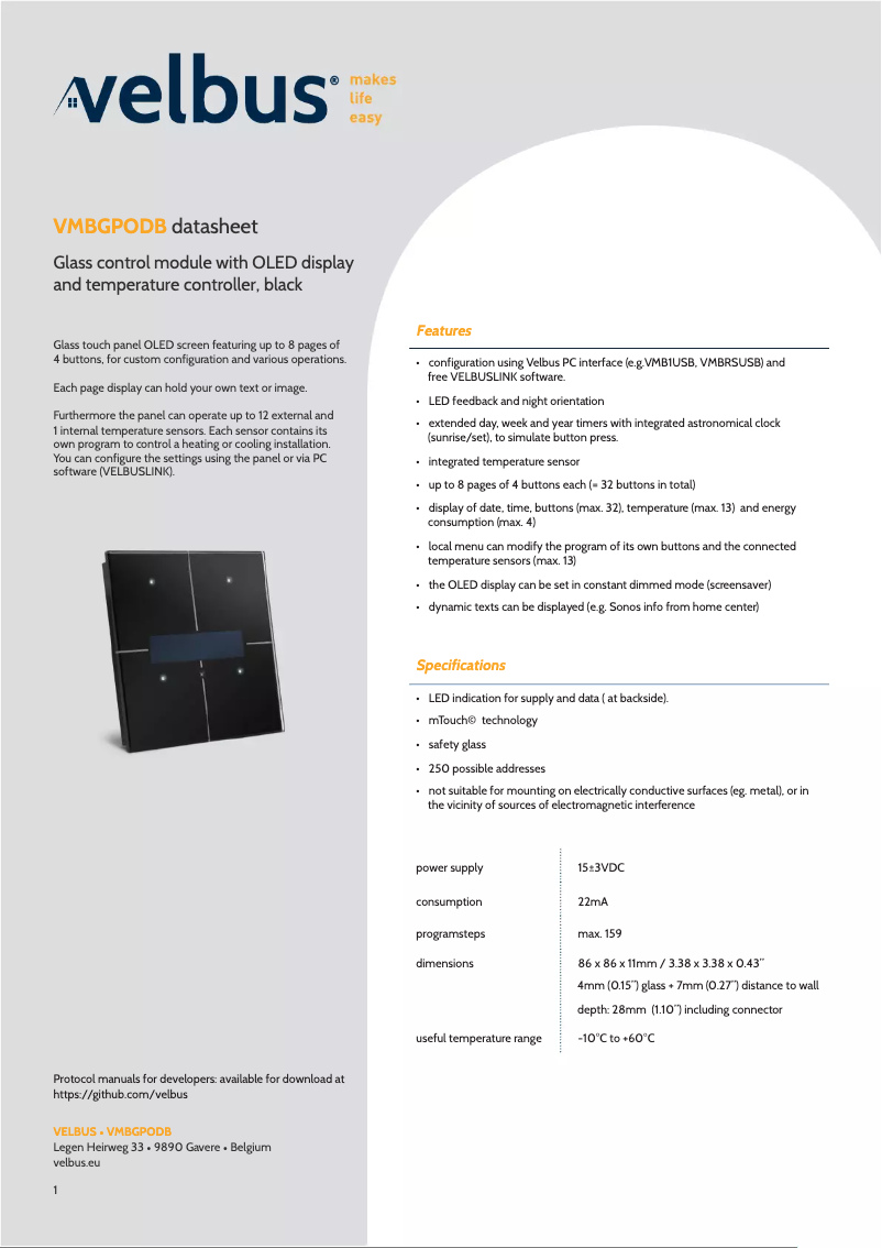 Página 1 del manual Ficha técnica Velbus VMBGPODB