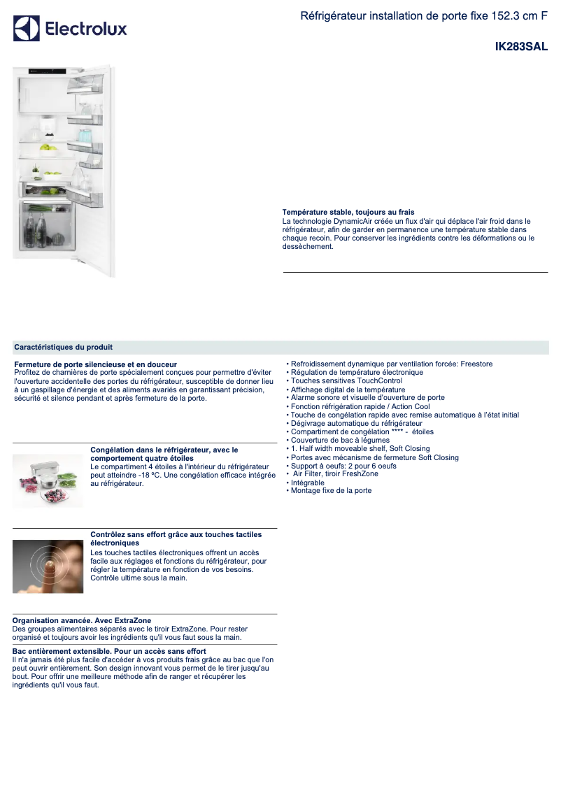 Page 1 de la notice Fiche technique Electrolux IK283SAL