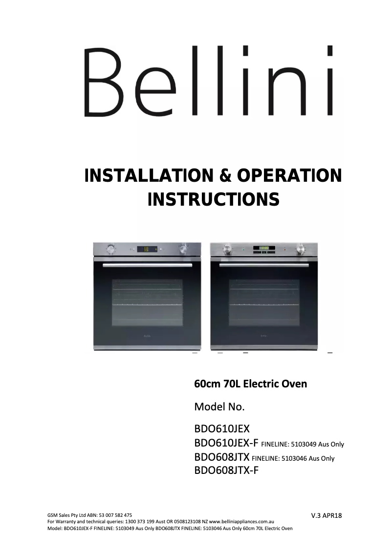 Page 1 de la notice Manuel utilisateur Bellini BDO610JEX