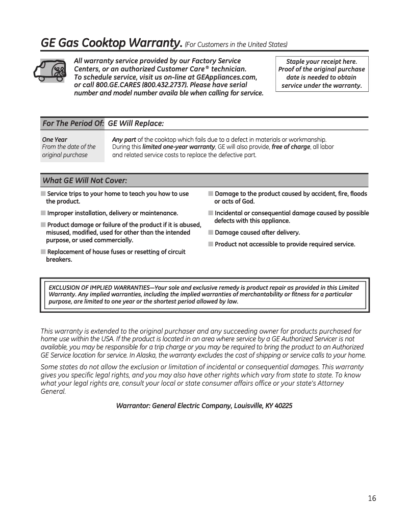 Page n°1 - Informations de garantie GE JGP3030DLBB