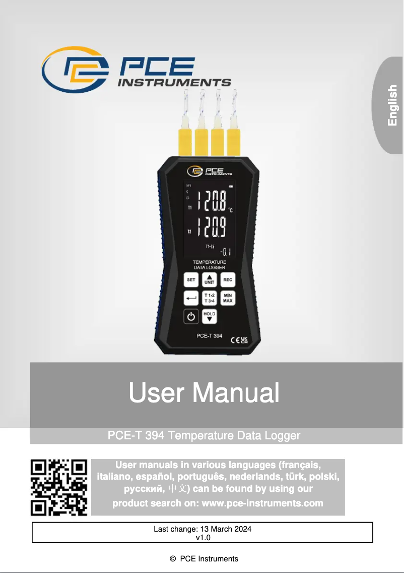 Page n°1 - Manuel utilisateur PCE Instruments PCE-T 394