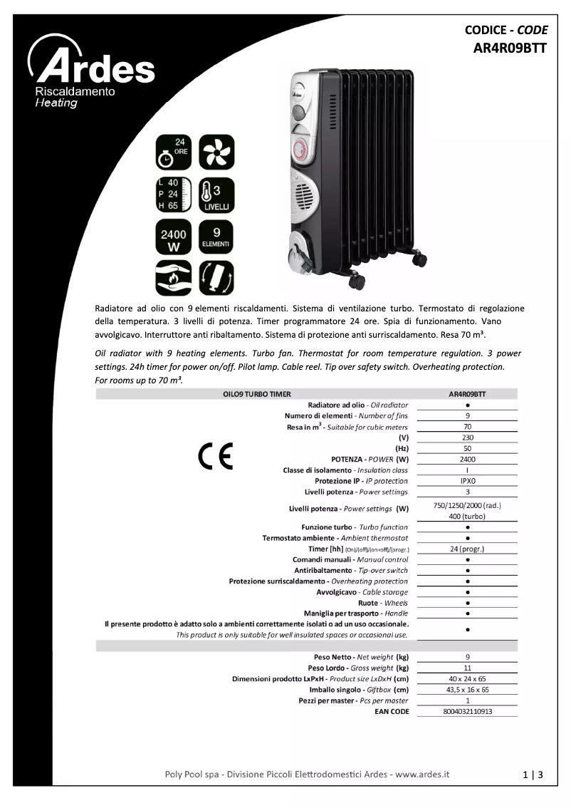 Página 1 del manual Ficha técnica Ardes AR4R09BTT