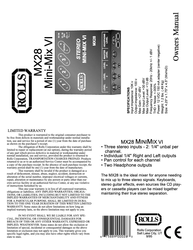 Page 1 de la notice Manuel utilisateur Rolls Mini-Mix VI MX28