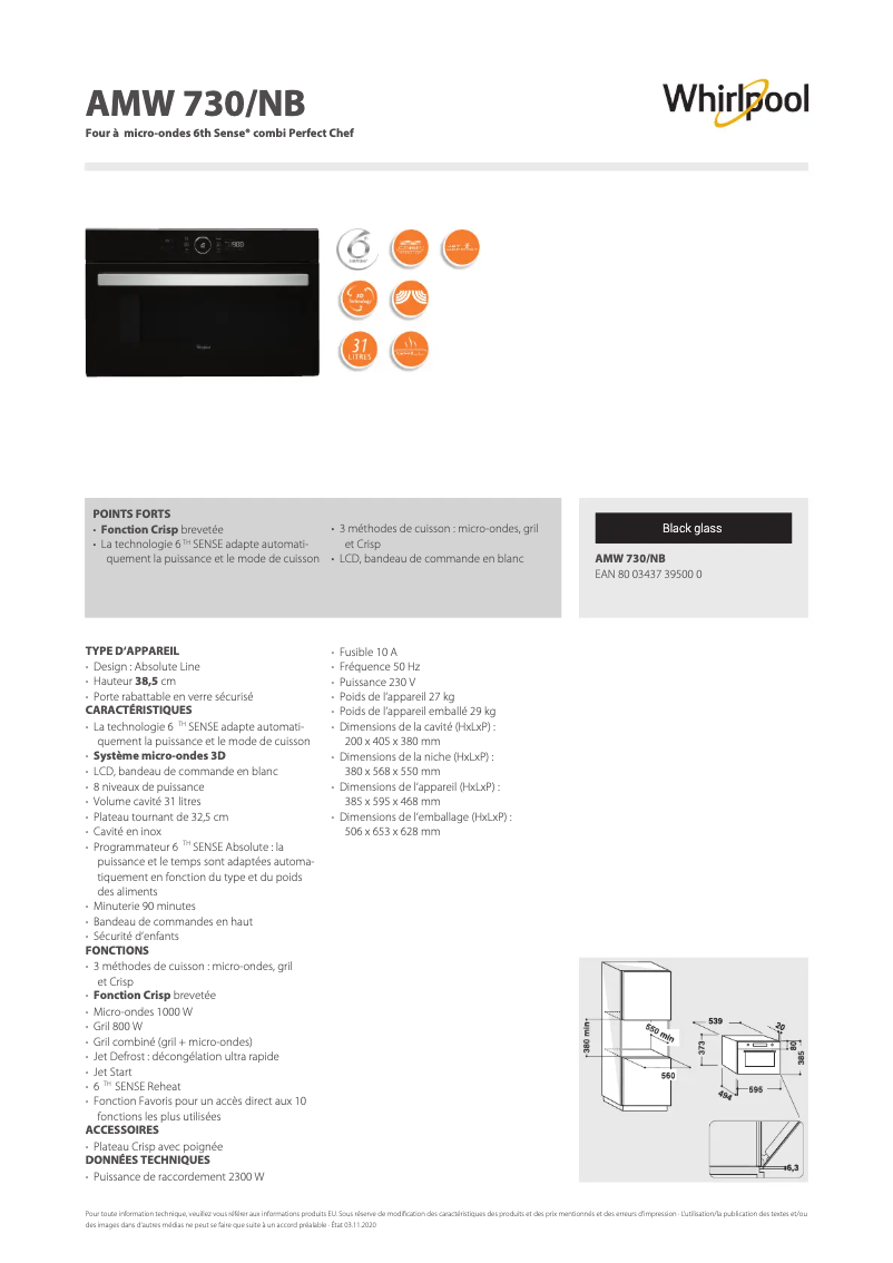 Page 1 de la notice Fiche technique Whirlpool AMW 730 NB