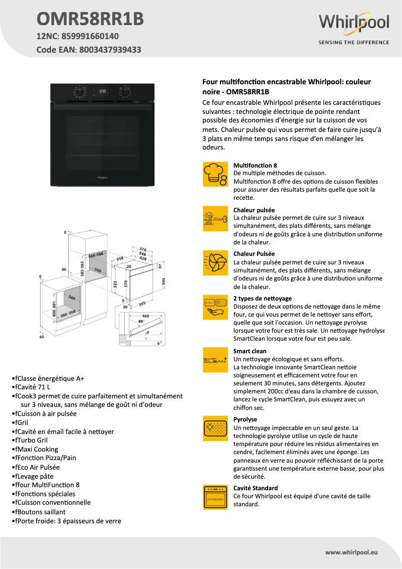Page 1 de la notice Fiche technique Whirlpool OMR58RR1B