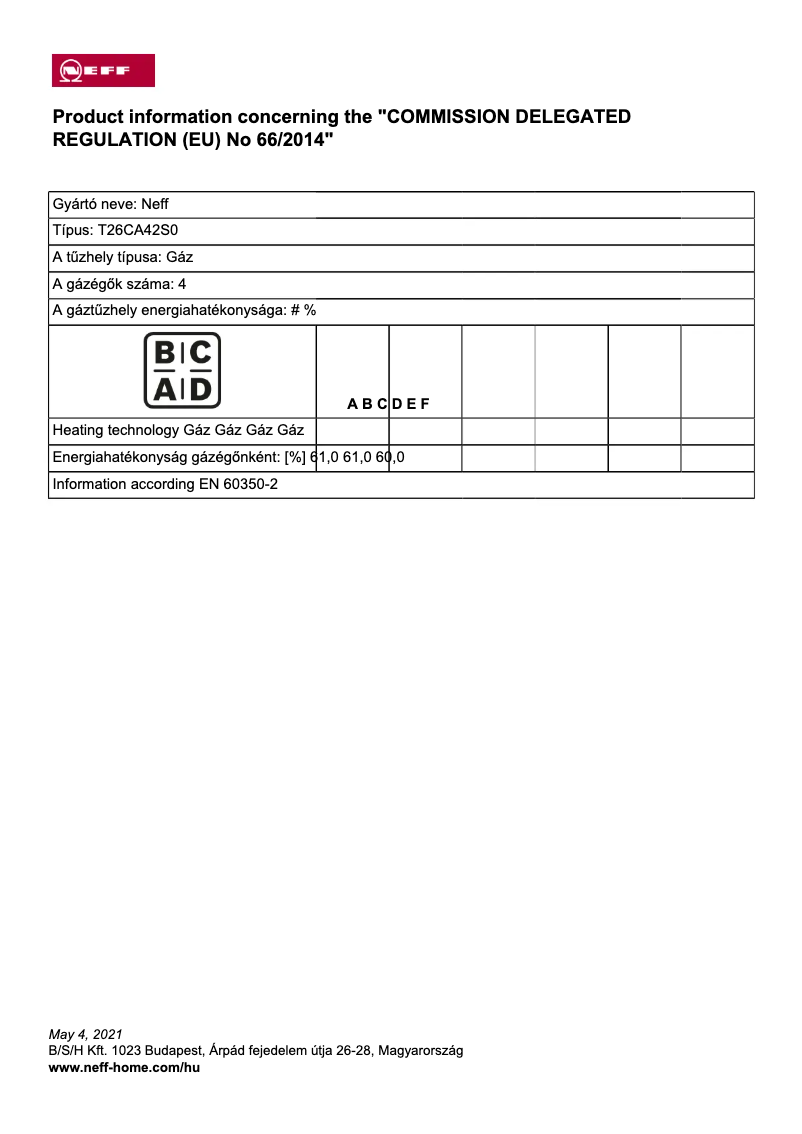 Page 1 de la notice Label énergétique Neff T26CA42S0