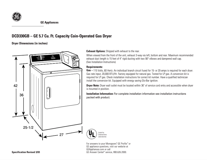Página 1 del manual Ficha técnica GE DCD330GBKC