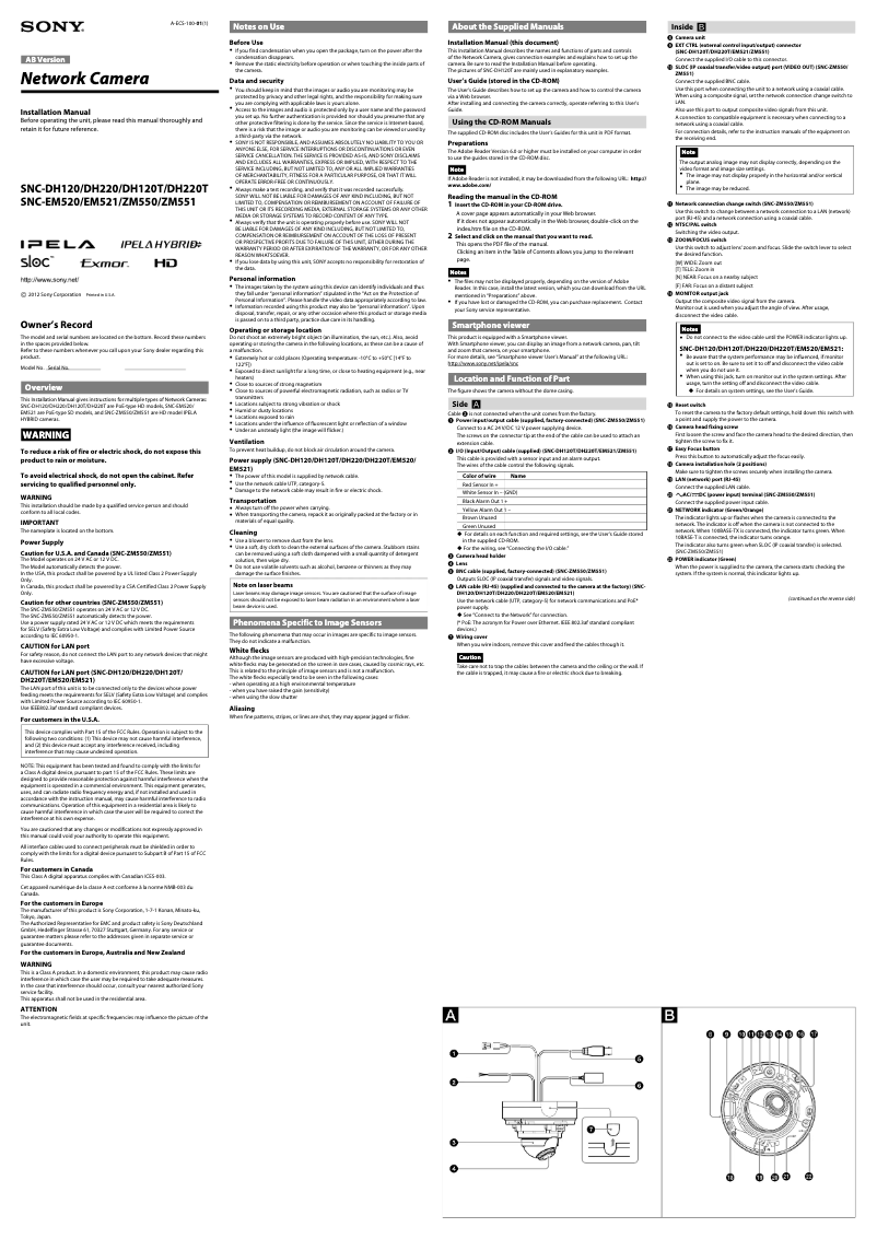 Page 1 de la notice Guide d'installation Sony SNCDH120T