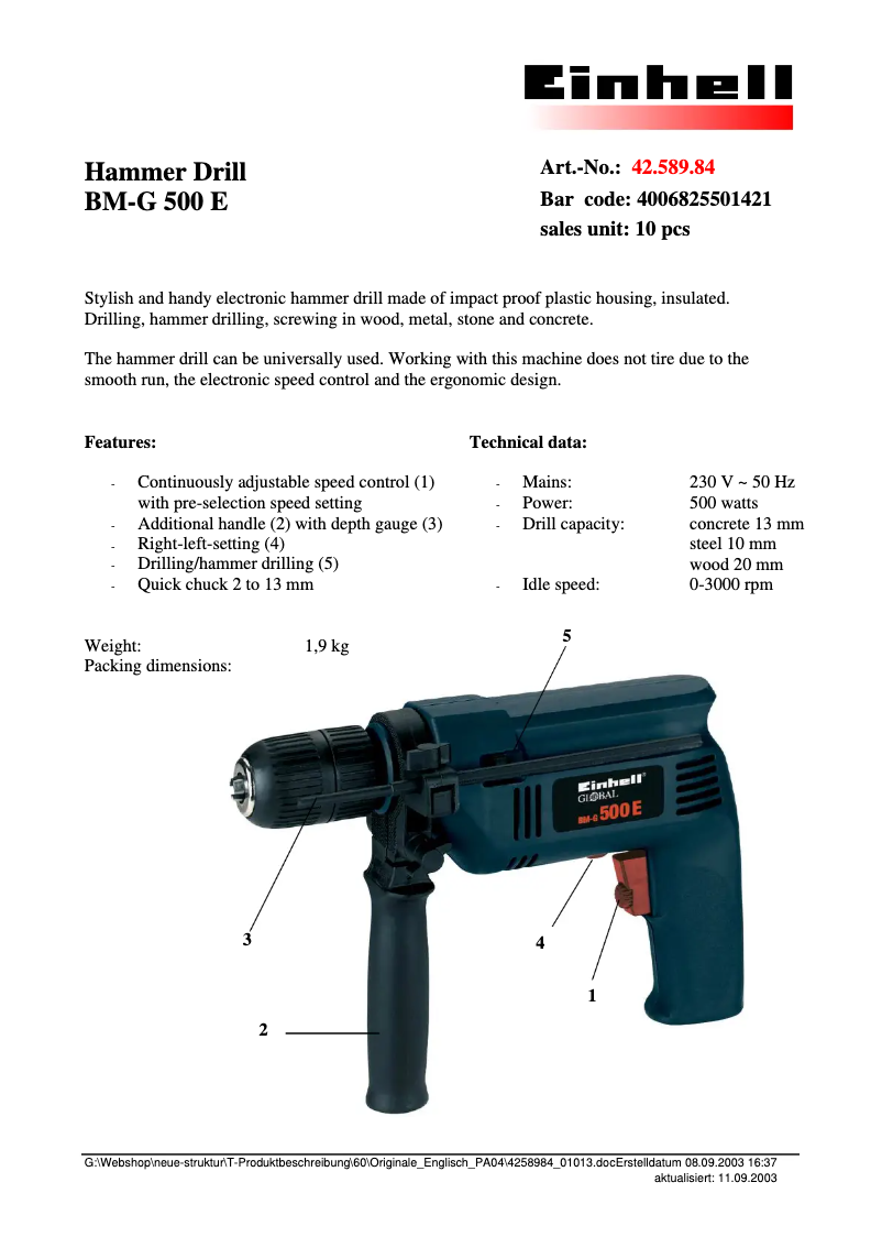 Page n°1 - Manuel utilisateur Global BM-G 500 E
