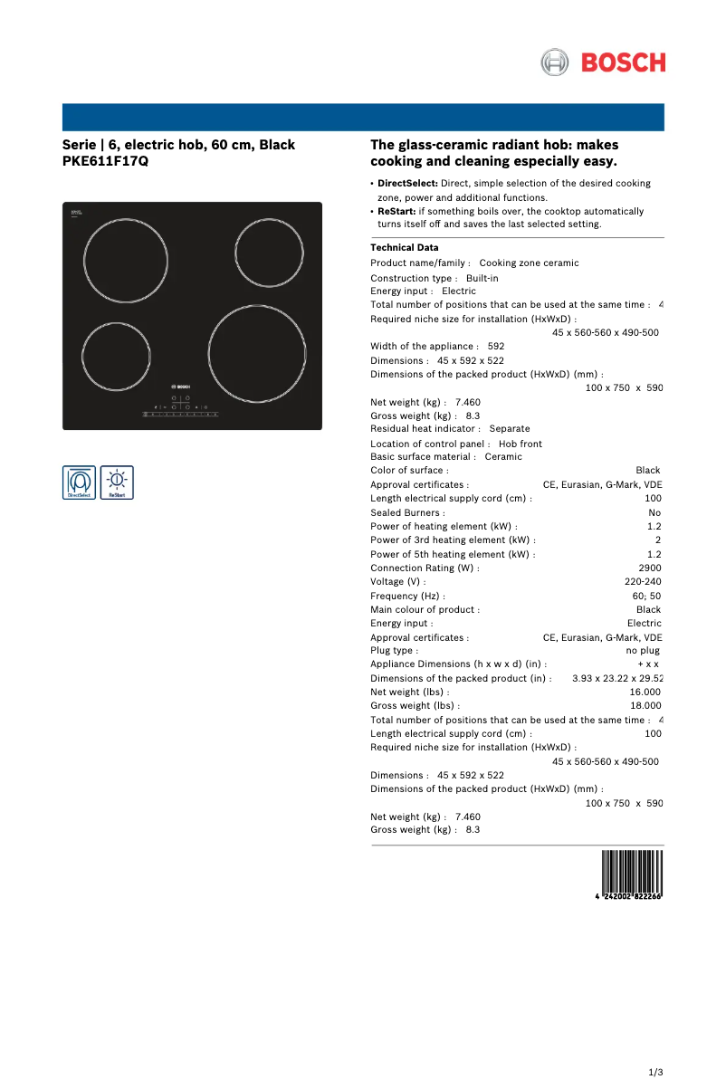 Page 1 de la notice Fiche technique Bosch PKE611F17Q