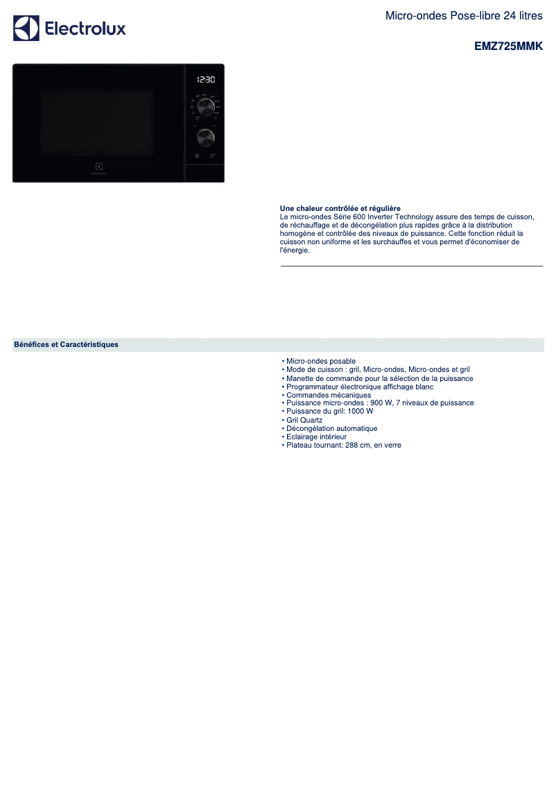 Page 1 de la notice Fiche technique Electrolux EMZ725MMK