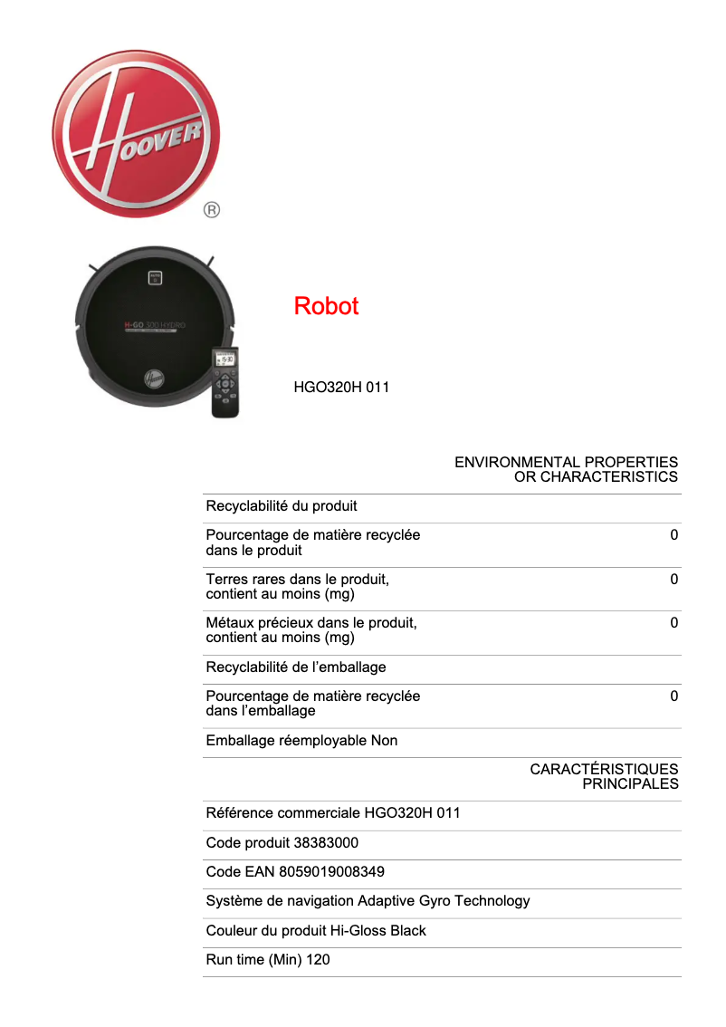 Page 1 de la notice Fiche technique Hoover H-GO 300 HYDRO HGO320H 011