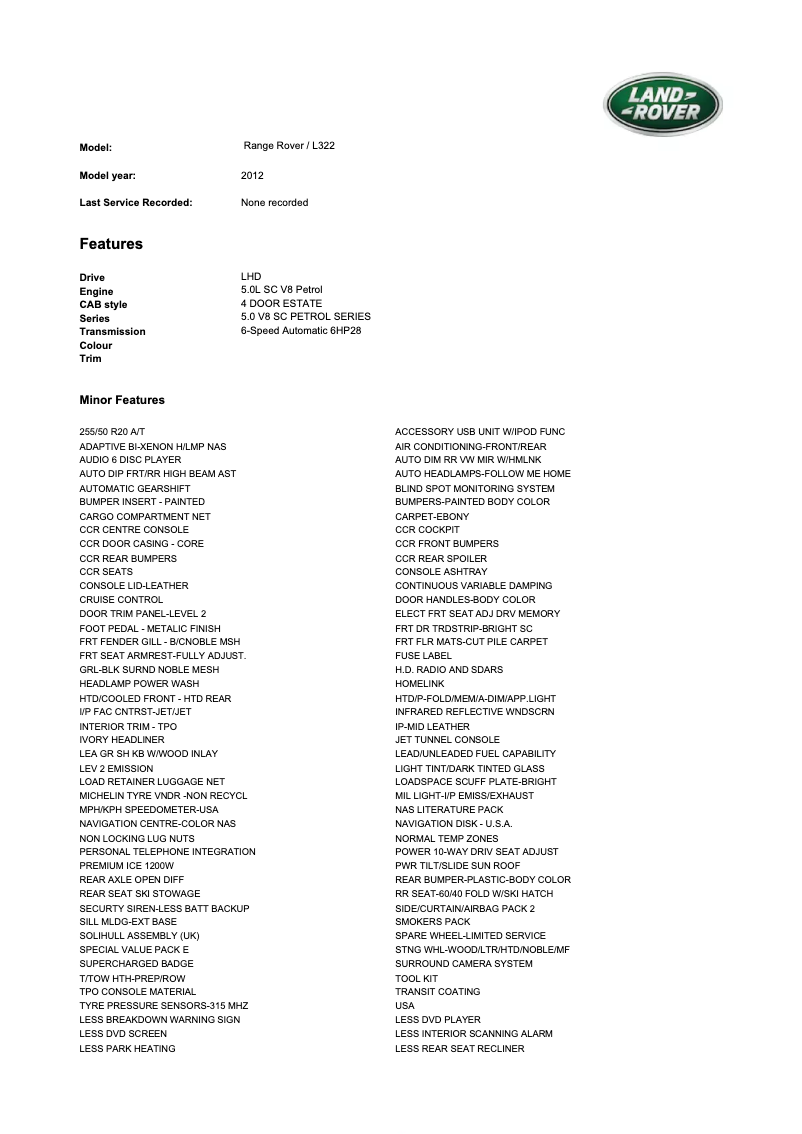 Image de la première page du manuel de l'appareil Range Rover (2012)