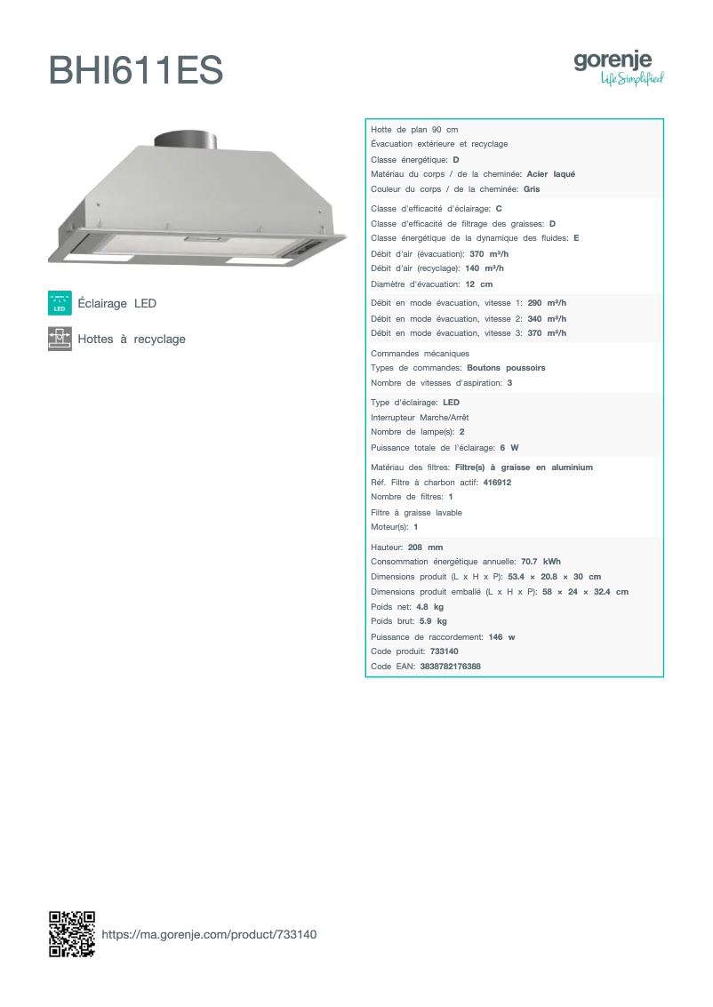 Page 1 de la notice Fiche technique Gorenje BHI611ES