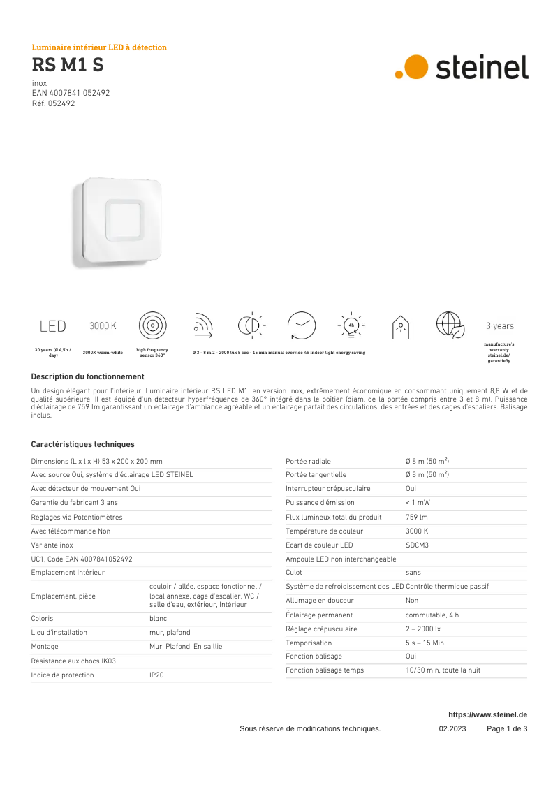 Page 1 de la notice Fiche technique Steinel RS M1 S