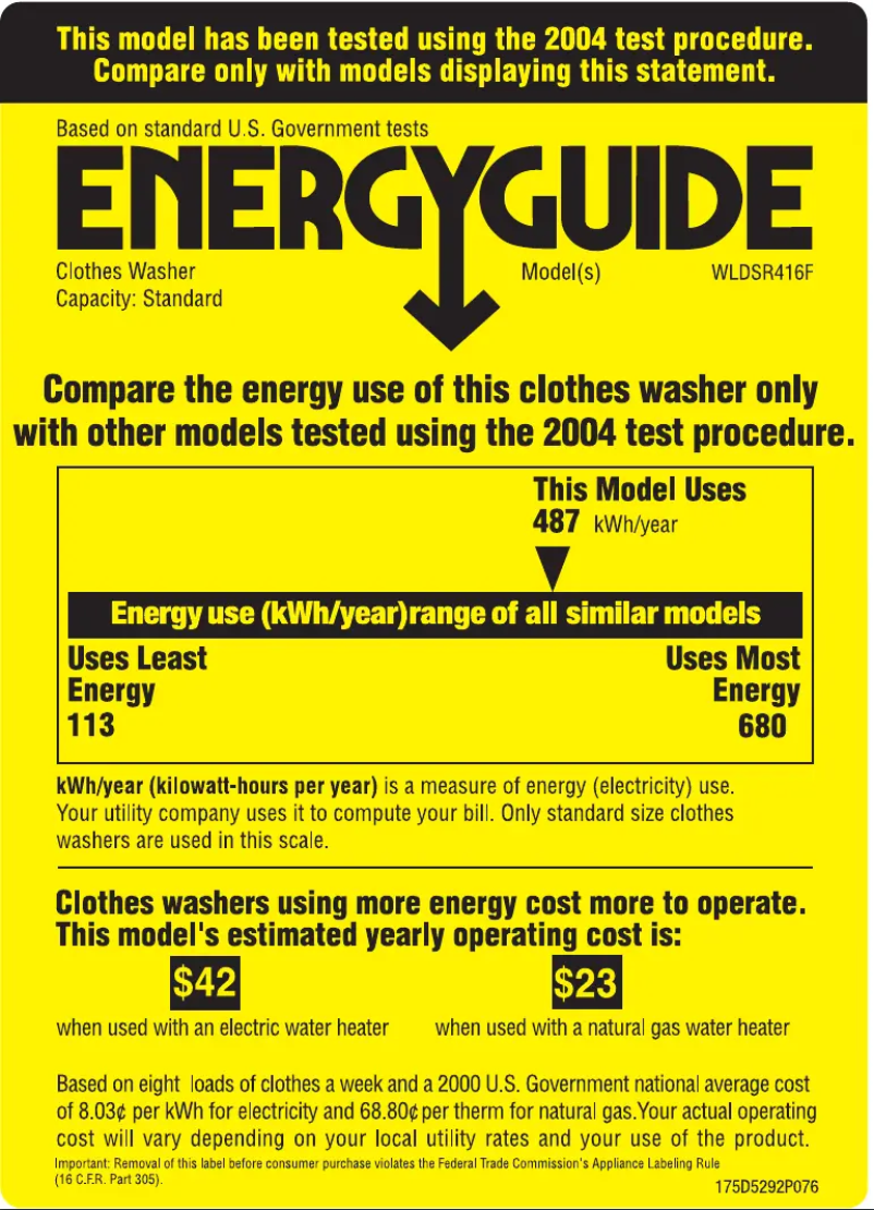 Page 1 de la notice Label énergétique GE WLDSR416FWC