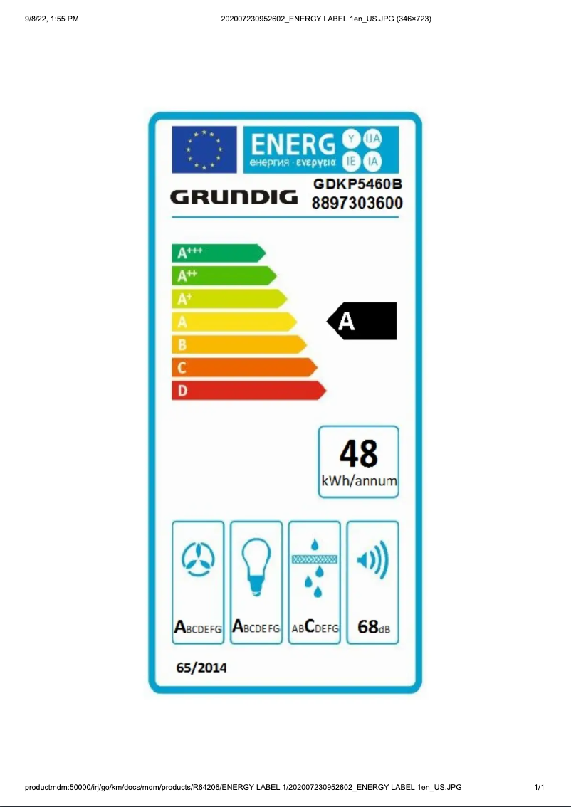 Page 1 de la notice Label énergétique Grundig GDKP 5460 B