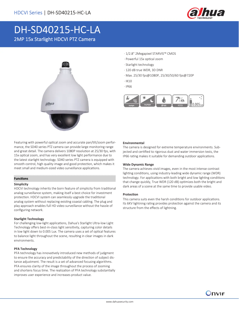 Page 1 de la notice Fiche technique Dahua Technology SD40215-HC-LA
