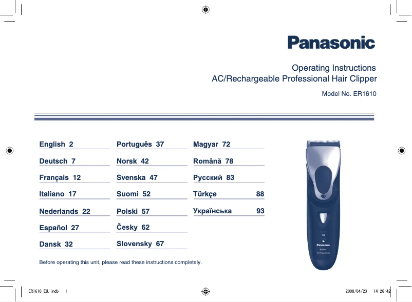 Page n°1 - Manuel utilisateur Panasonic ER1610