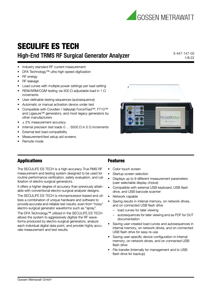 Page 1 de la notice Fiche technique Gossen Metrawatt SECULIFE ES TECH