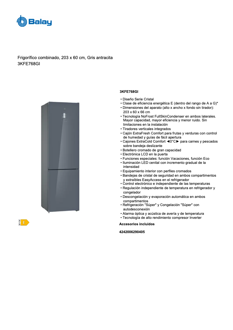 Page n°1 - Fiche technique Balay 3KFE768GI