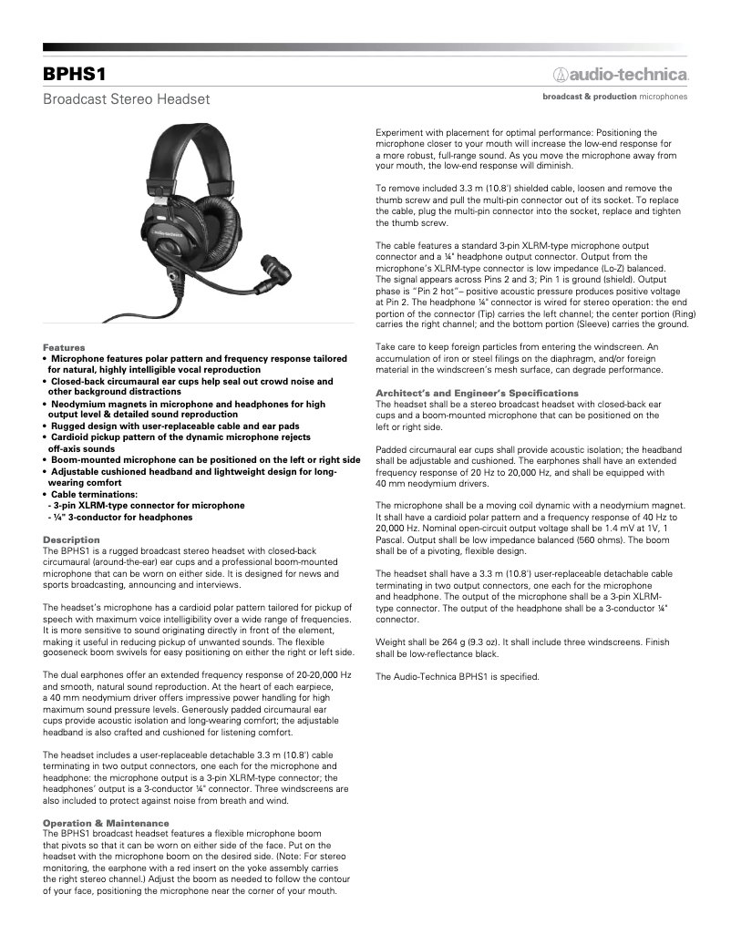 Page 1 de la notice Manuel utilisateur Audio-Technica BPHS1