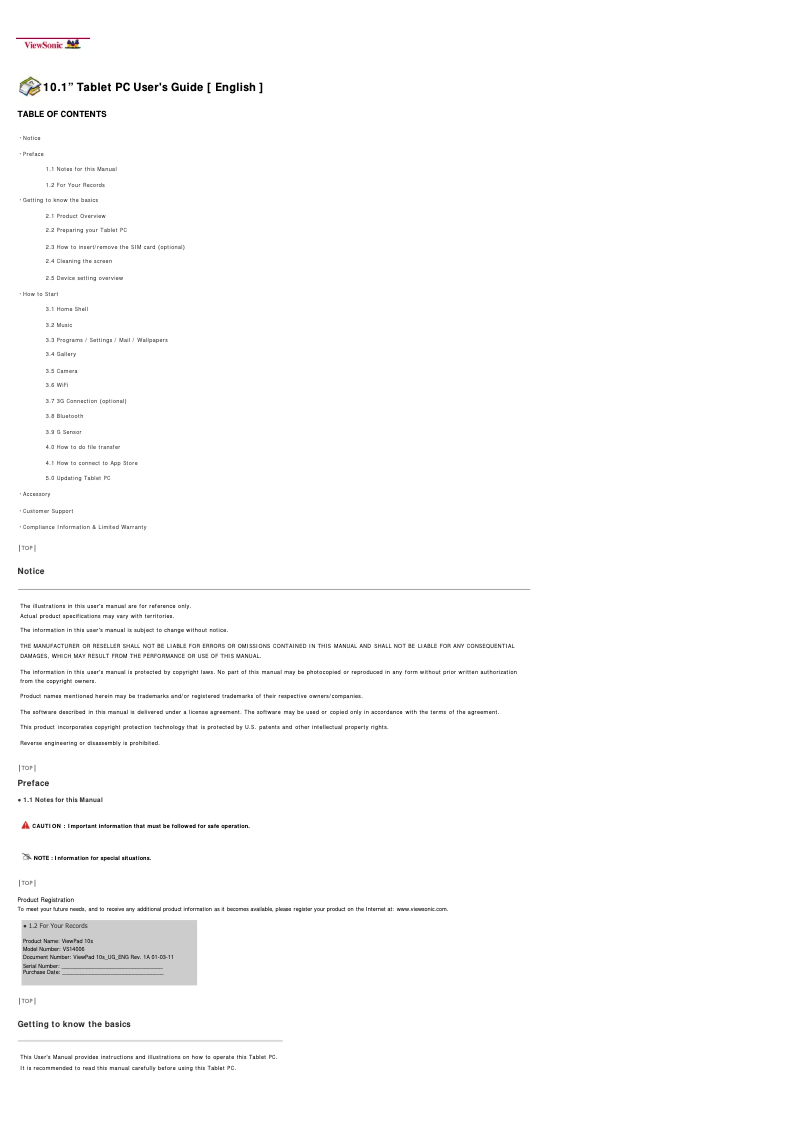 Page 1 de la notice Manuel utilisateur Viewsonic ViewPad 10s